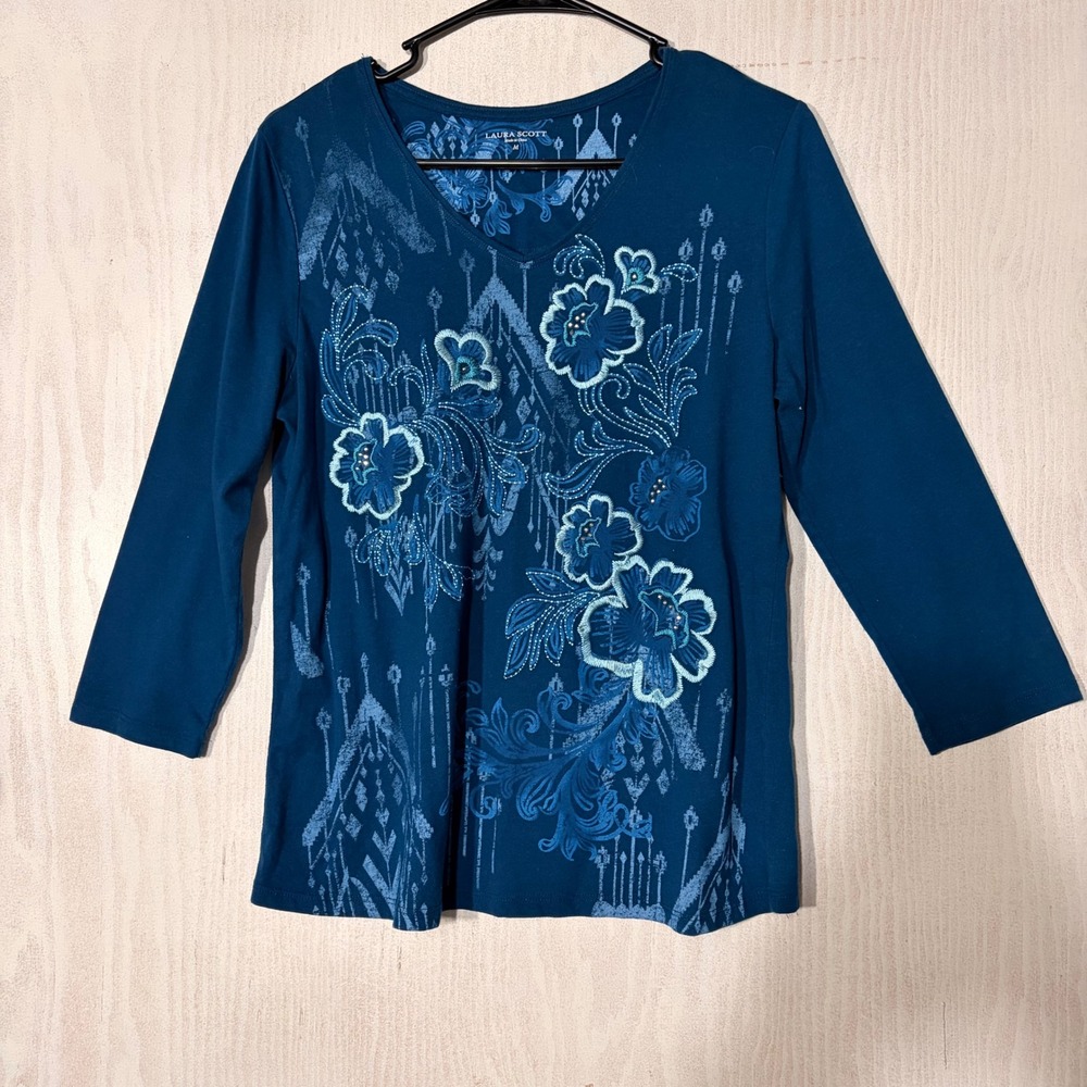 Laura Scott Floral Embroidered Top Womens Medium Teal Blue 3/4 Sleeve